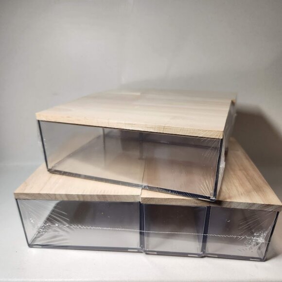 NEW Drawer Desktop Organizer 8 Piece Set Acrylic Clear with Wooden Lids Office - Picture 1 of 14